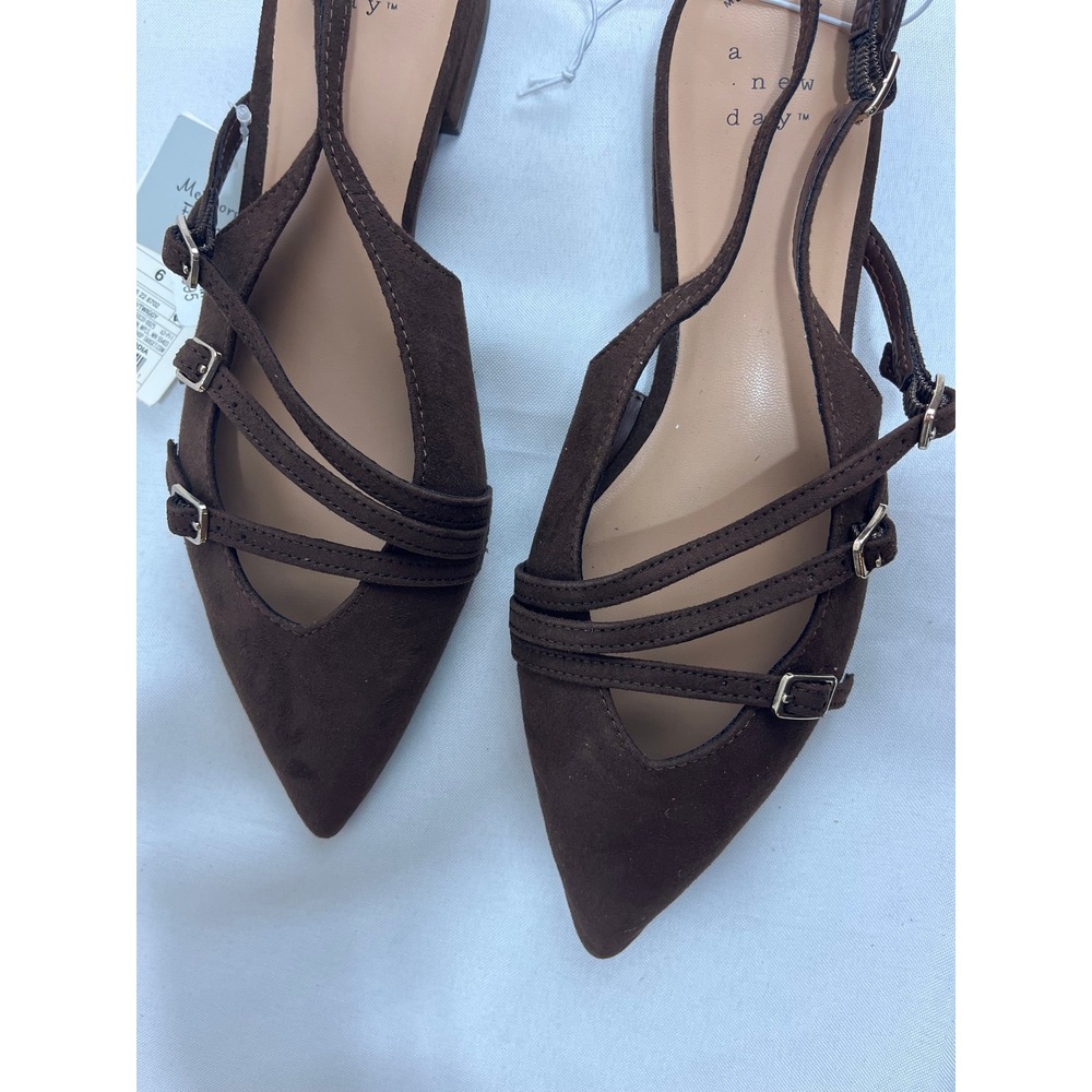 A New Day Womens Brown Faux Suede Multi Strap Buckle Slingback Pointed Toe Flats